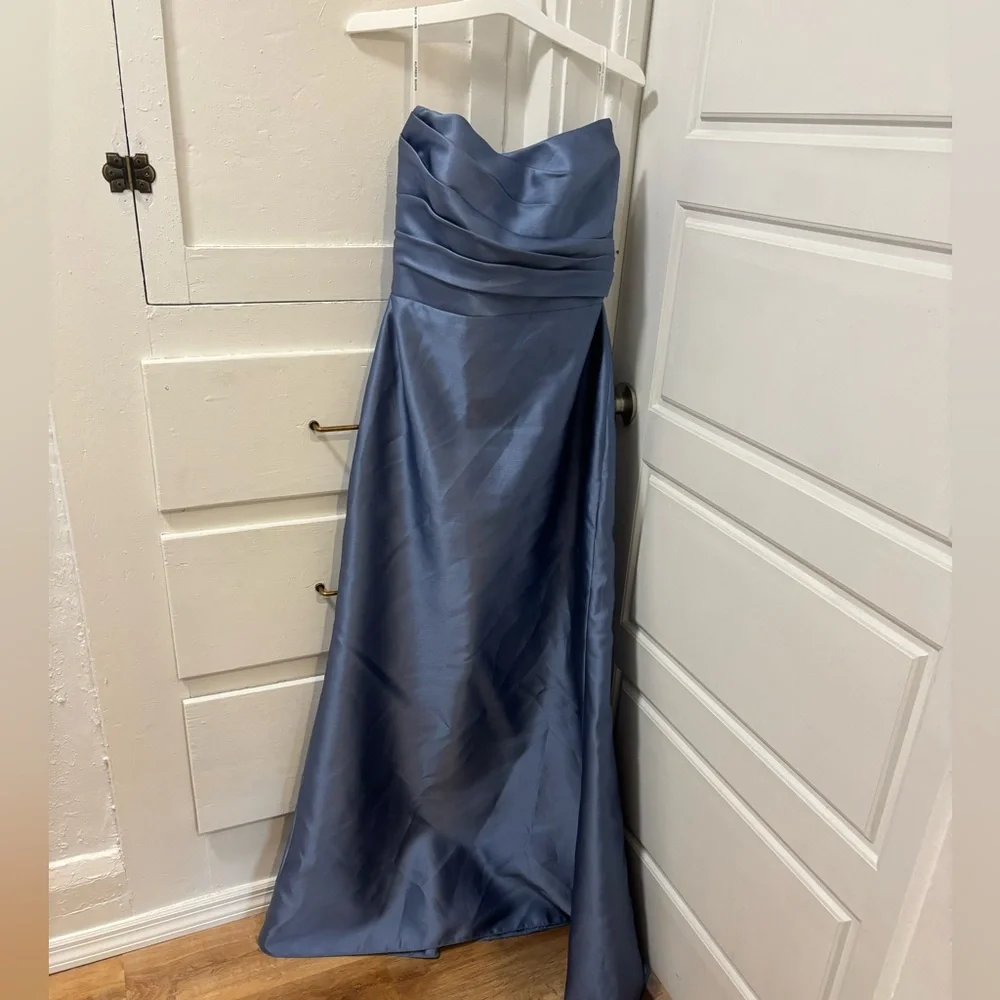 ALFRED SUNG Strapless Satin Maxi Gown in Dusty Blue - Picture 3 of 6